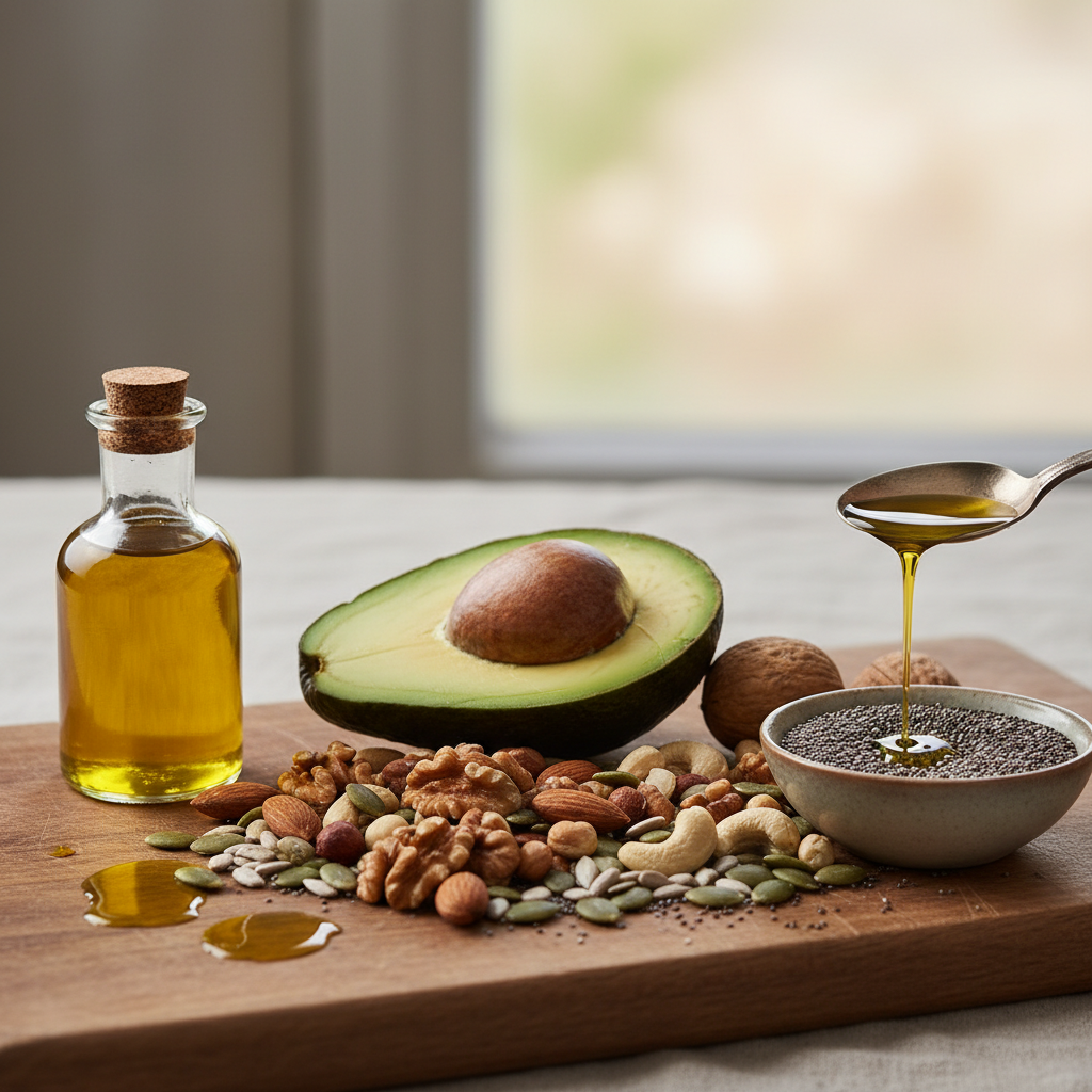 Avocado, nuts, olive oil, and seeds representing healthy unsaturated fats