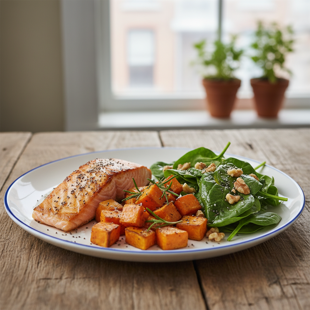 A well-balanced meal plate showing portions of protein, complex carbohydrates, and healthy fats