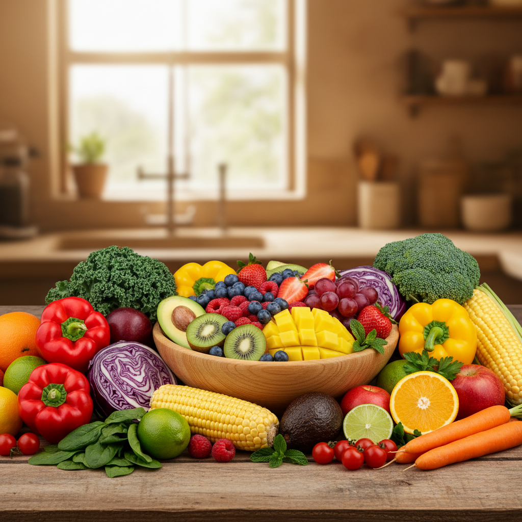 Colorful assortment of fruits and vegetables rich in natural vitamins and minerals